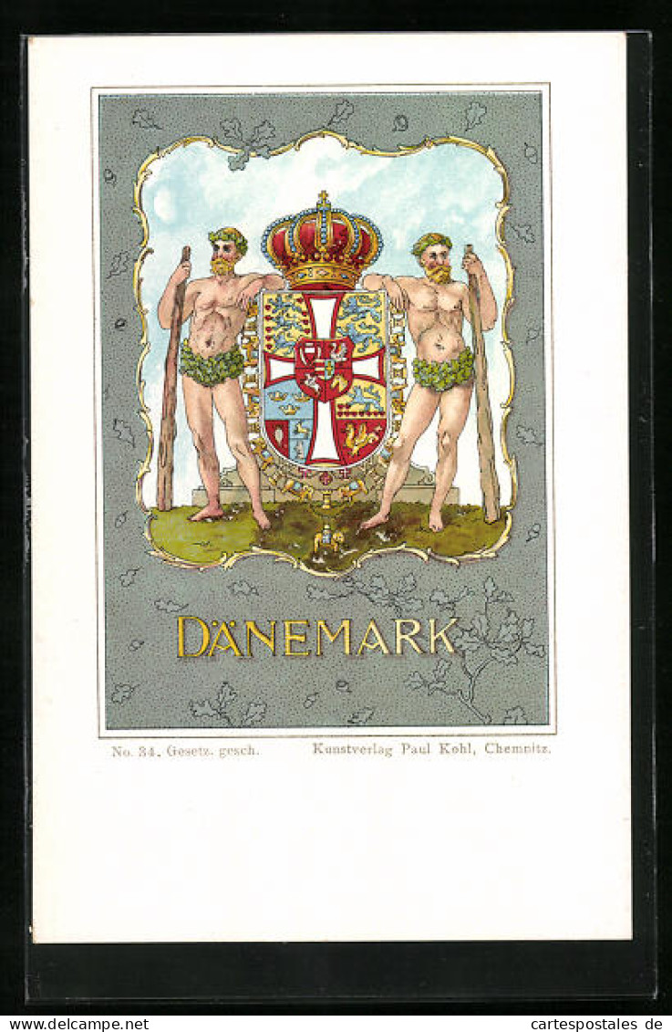Lithographie Wappen Dänemarks  - Genealogie