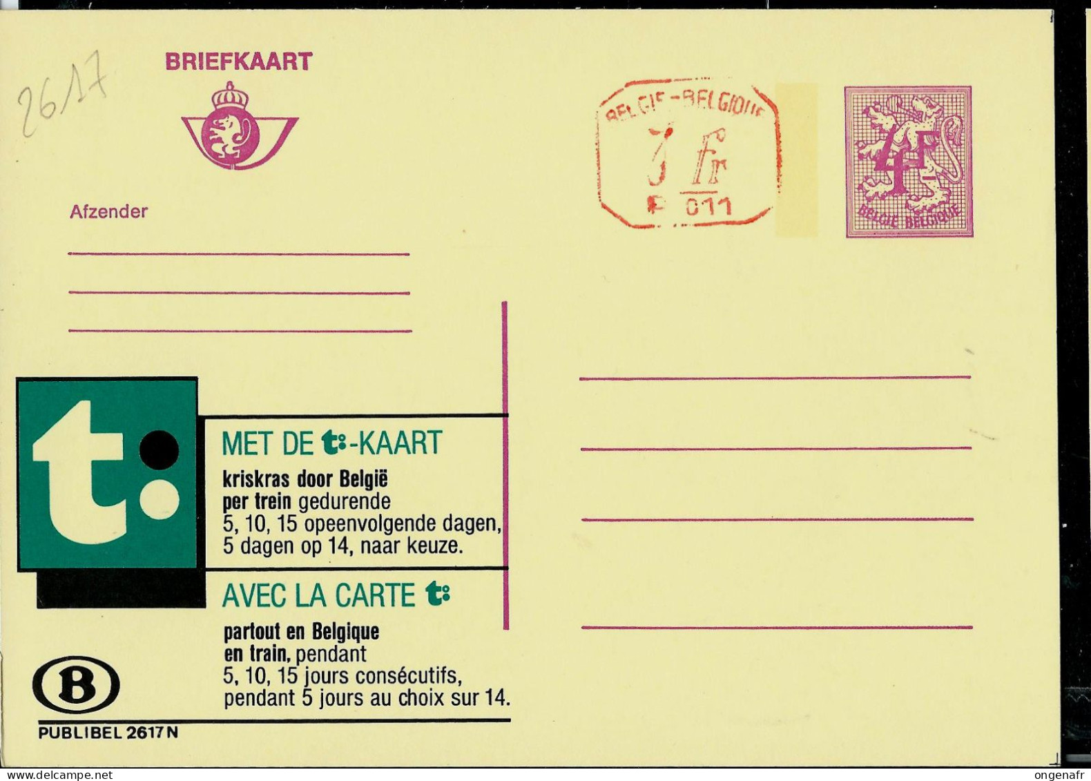 Publibel Neuve N° 2617 + P 011 ( Carte T - Chemins De Fer Belge ) - Publibels