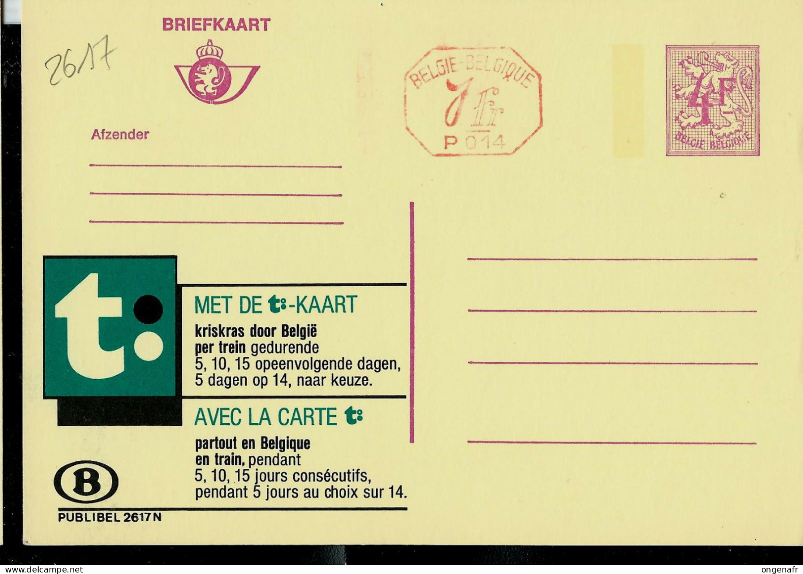 Publibel Neuve N° 2617 + P 014 ( Carte T - Chemins De Fer Belge ) - Publibels