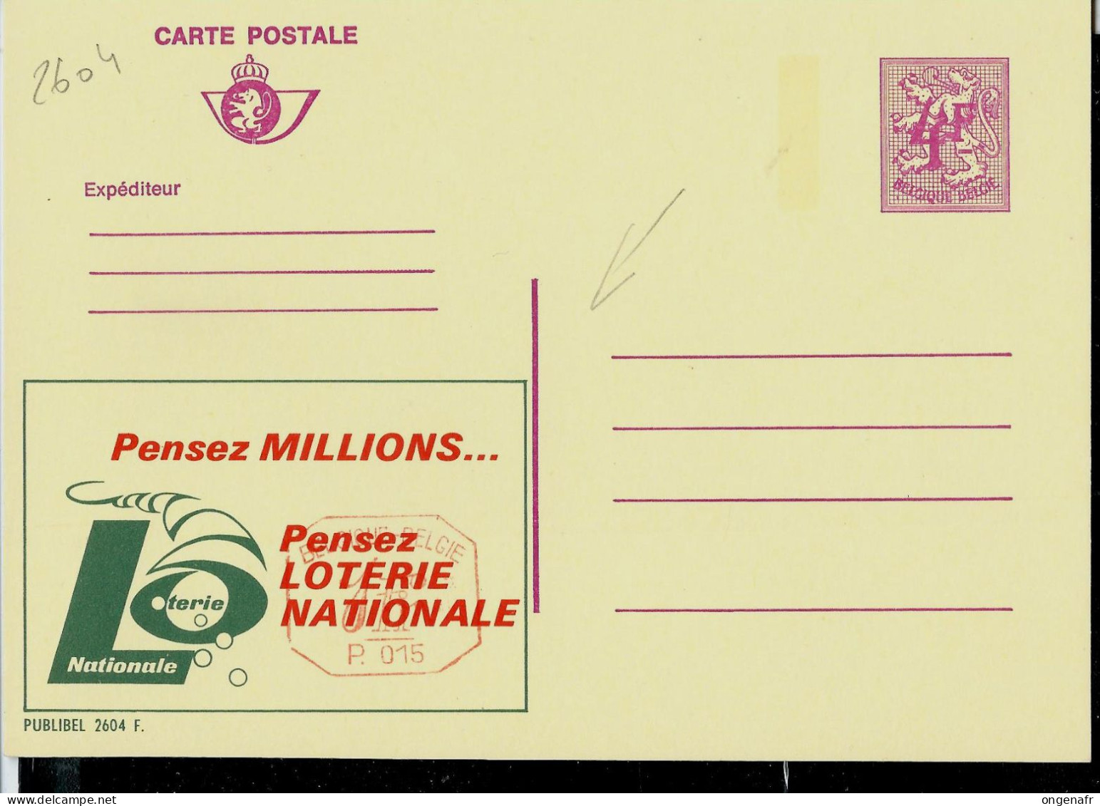 Publibel Neuve N° 2604 + P. 015   Dessous  !!! ( Pensez Millions - Pensez Loterie Nationale ) - Publibels