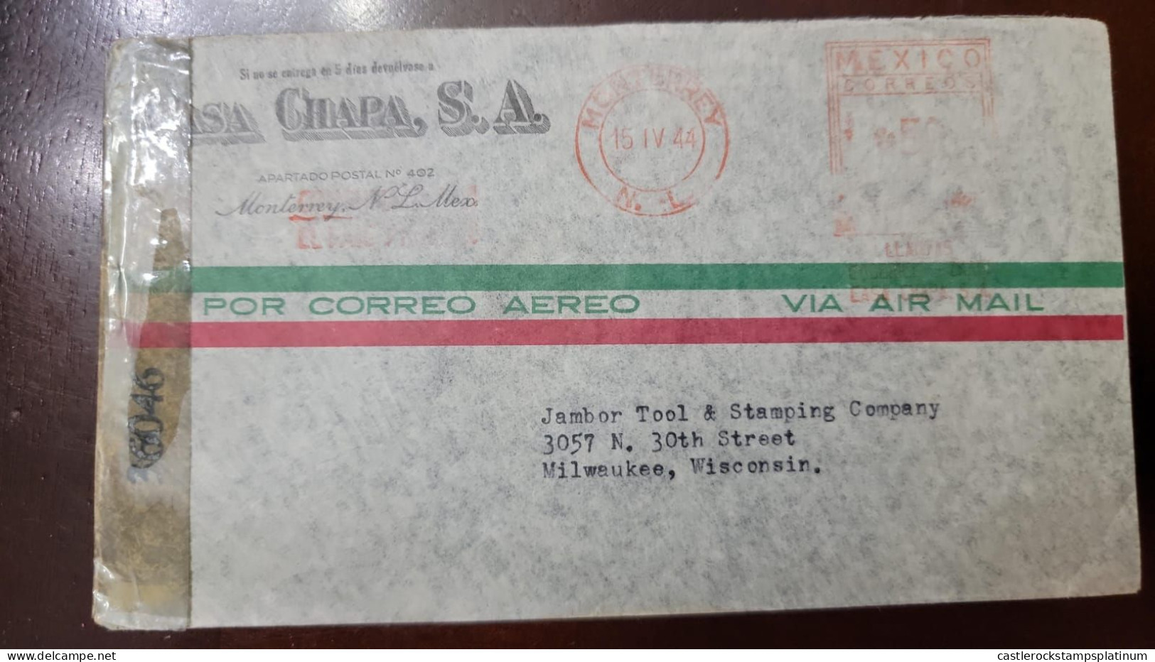 O)  1944 MEXICO, CENSORSHIP. METERSTAMP,  CHAPA S.A.MONTERREY, AIRMAIL, CIRCULATED TO WISCONSIN - Messico