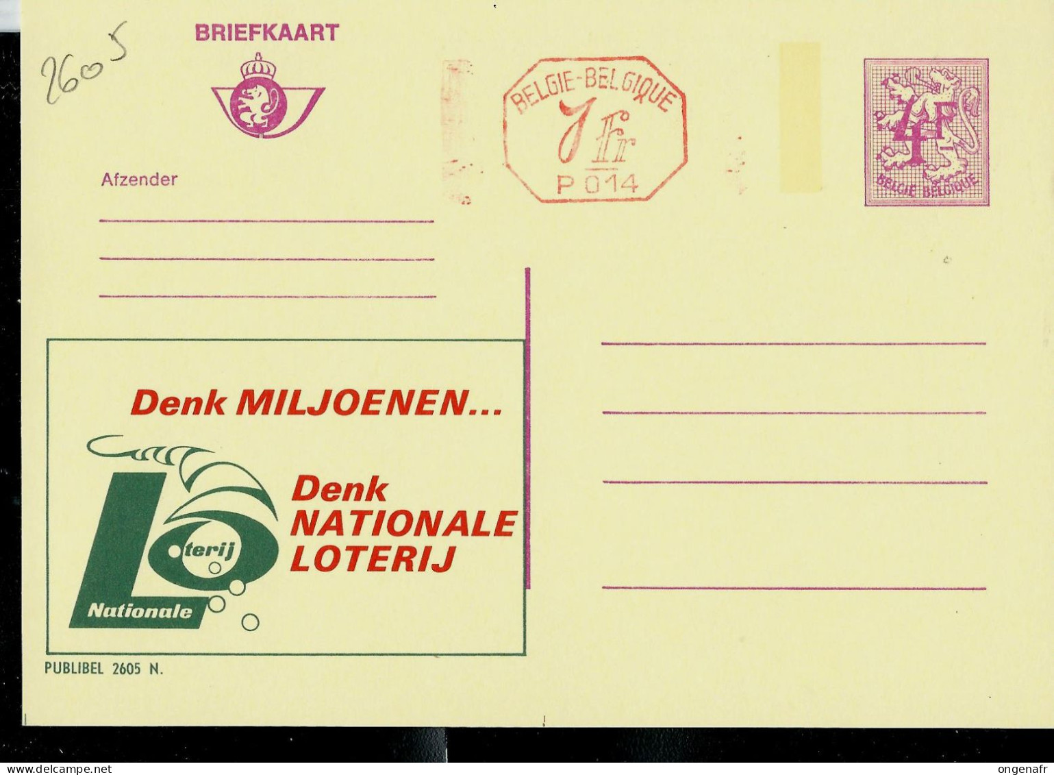 Publibel Neuve N° 2605 + P 014 ( Pensez Millions - Pensez Loterie Nationale ) - Publibels