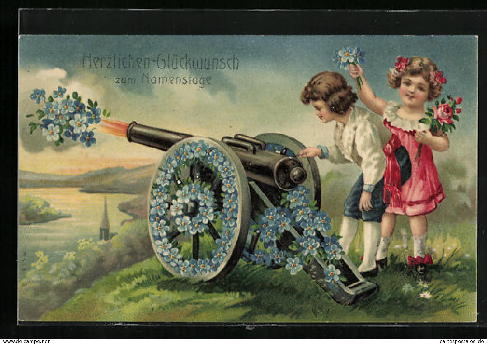 Präge-AK Blumenbild Mit Kanone Und Kindern  - Sonstige & Ohne Zuordnung