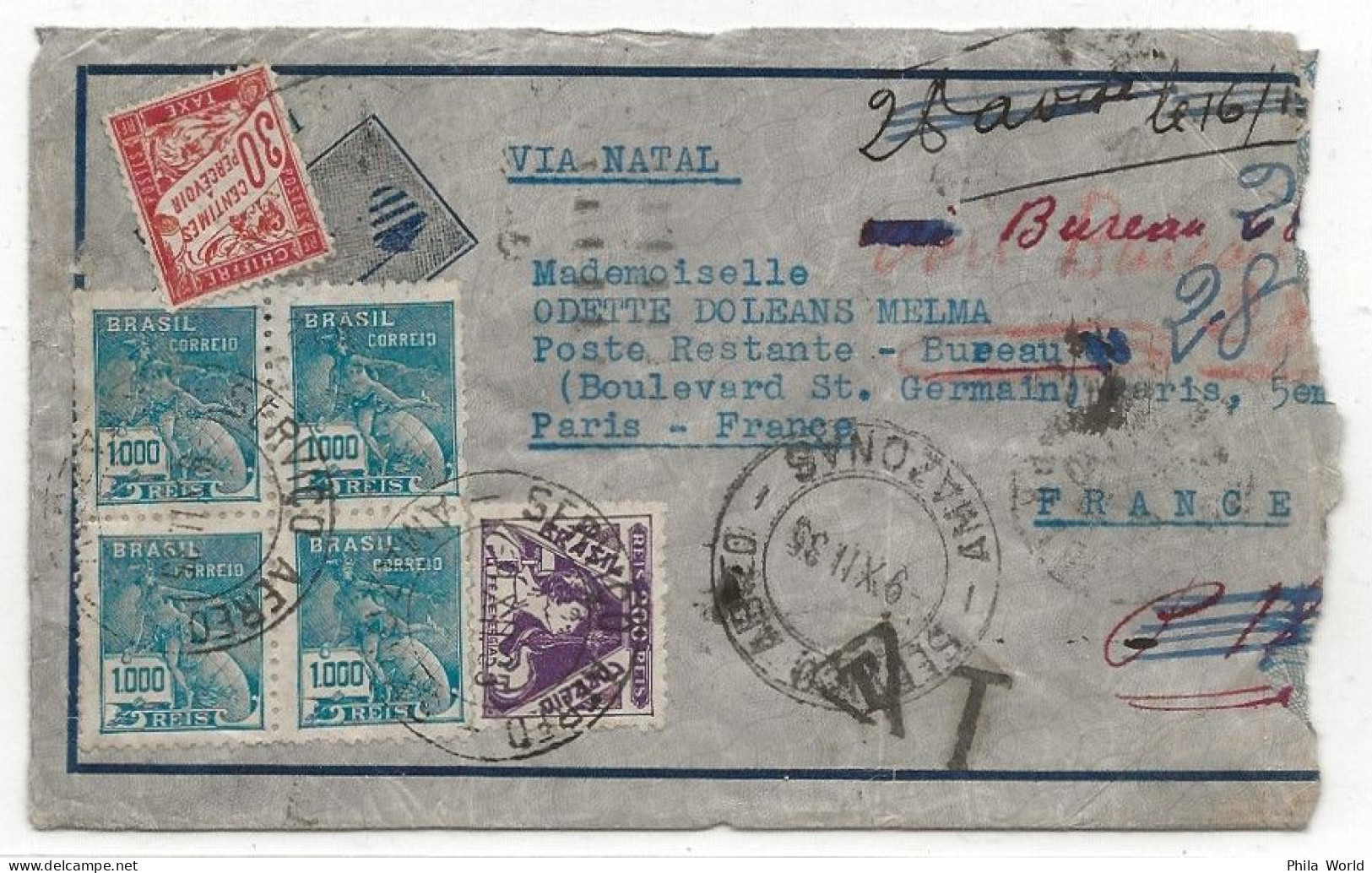 AIR FRANCE 1935 Lettre Par Avion BRESIL FRANCE Paris Via NATAL Taxe Poste Restante 30c Air Mail Cover Airmail - Brieven En Documenten