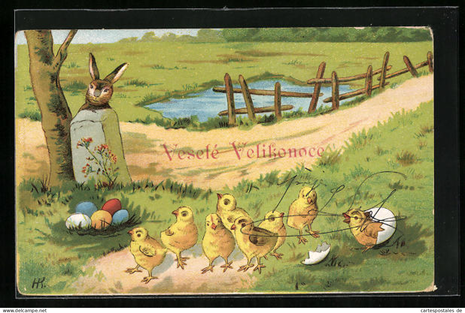 Künstler-AK Ostergruss, Veselé Velikonoce, Osterhase Und Osterküken  - Easter