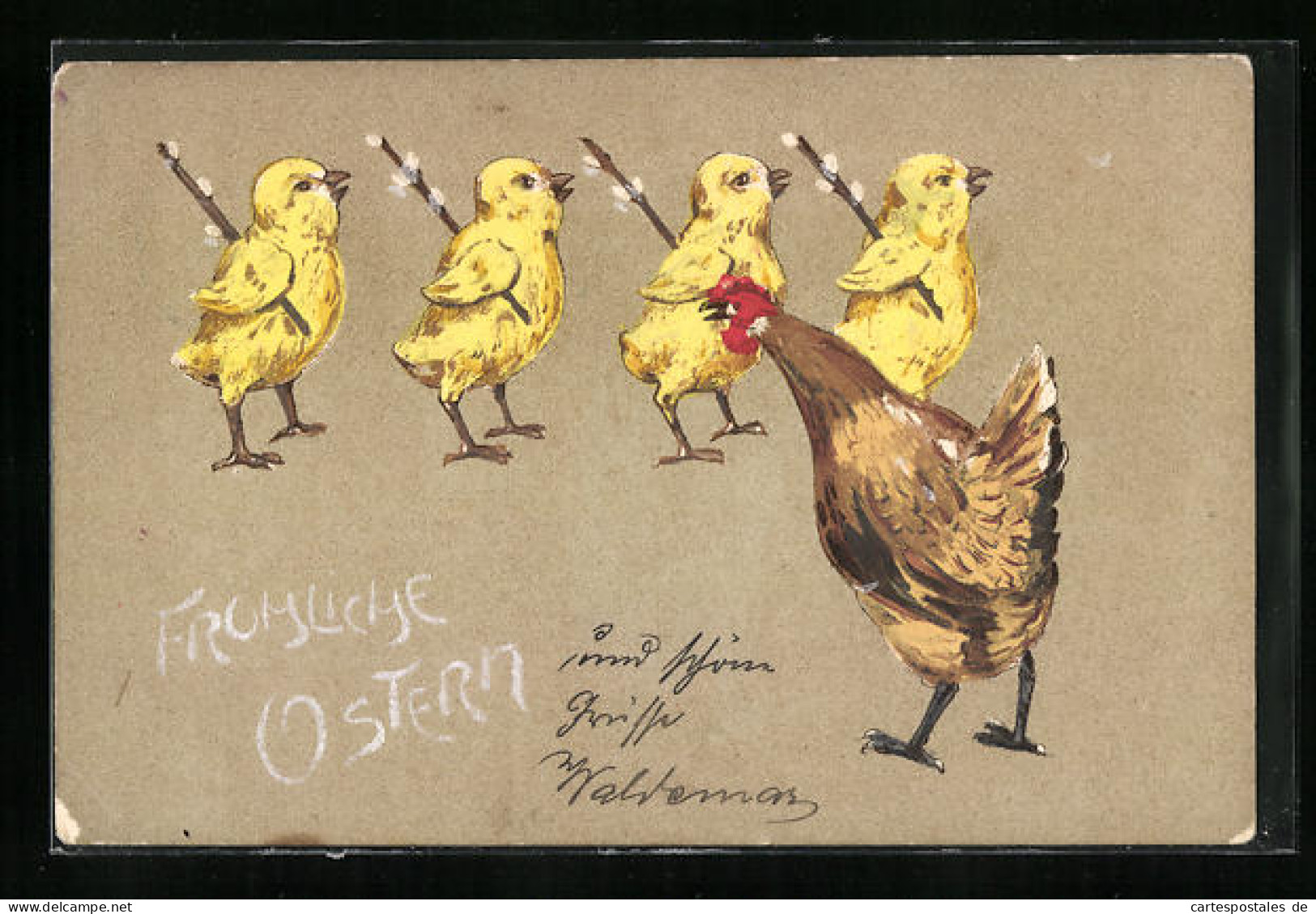 Lithographie Ostergruss, Osterküken In Reih Und Glied  - Easter