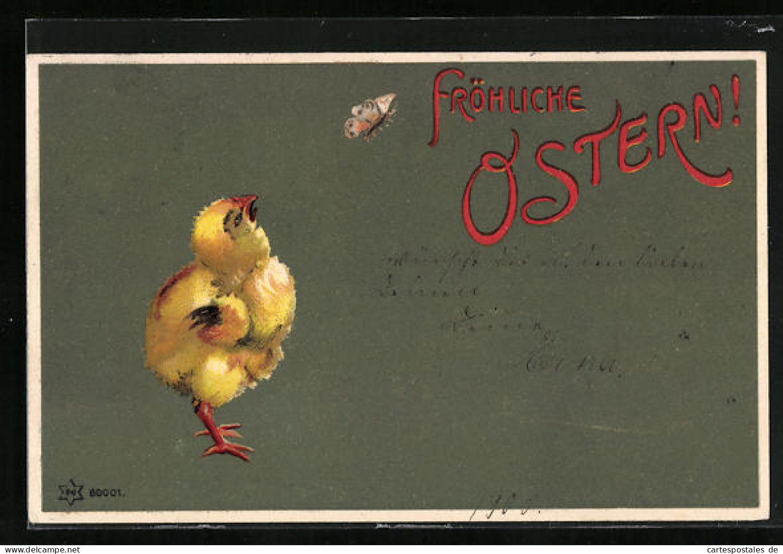 Künstler-AK Ostergruss, Osterküken Guckt Dem Schmetterling Hinterher  - Ostern