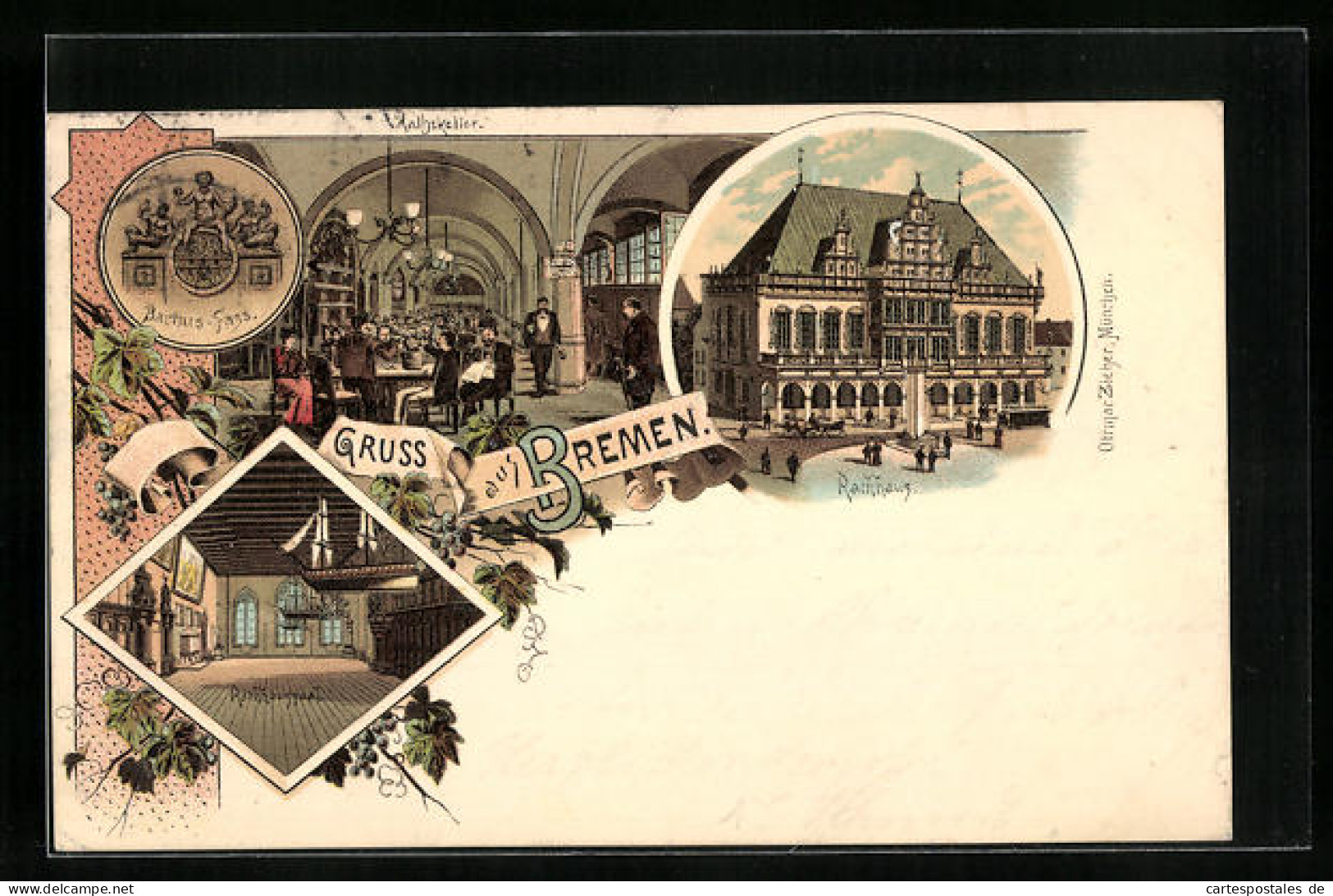 Lithographie Bremen, Gasthof Ratskeller, Rathaus, Innenansicht  - Bremen