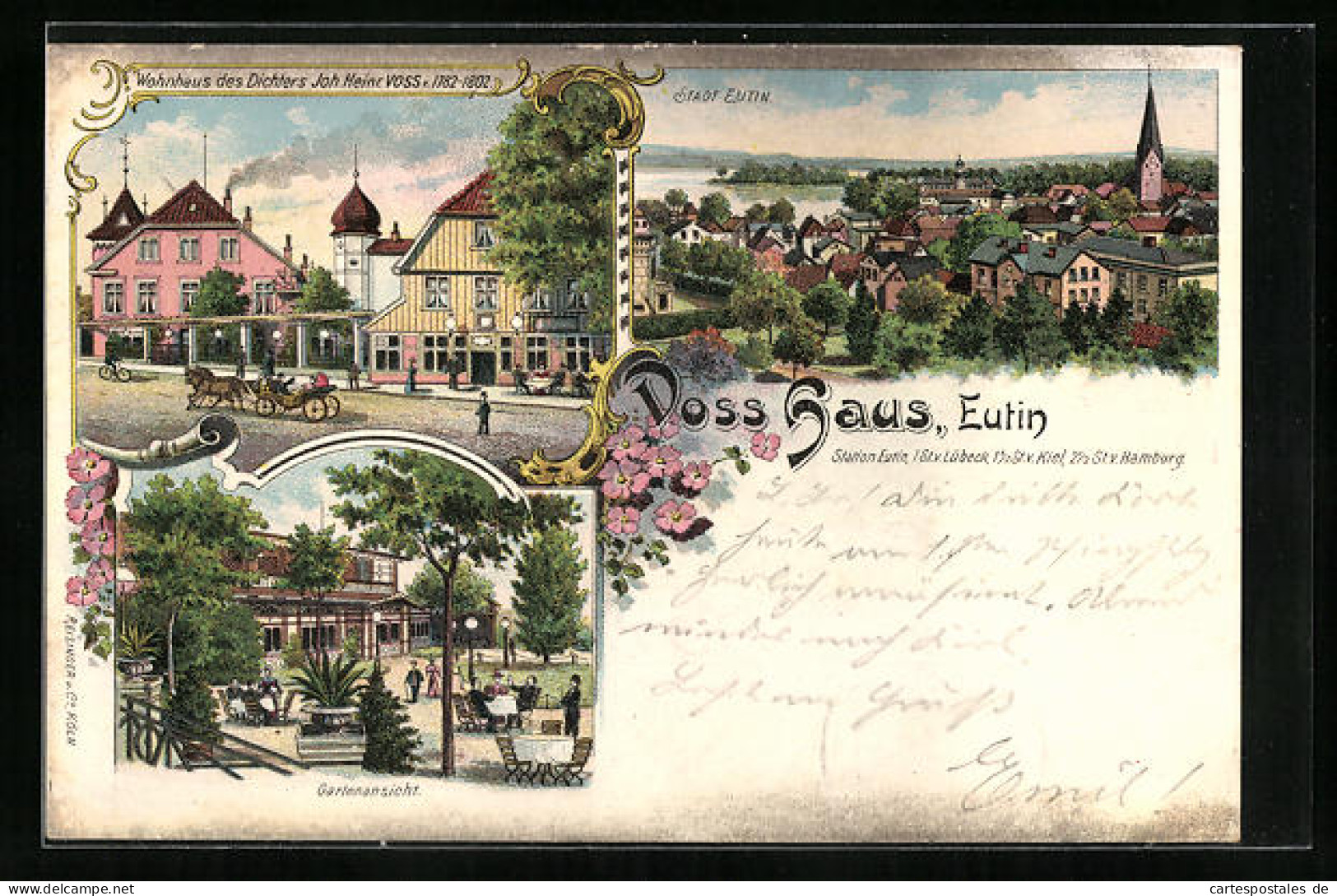 Lithographie Eutin, Panorama, Wohnhaus Des Dichters Joh. Heinr. Voss, Gartenansicht  - Eutin