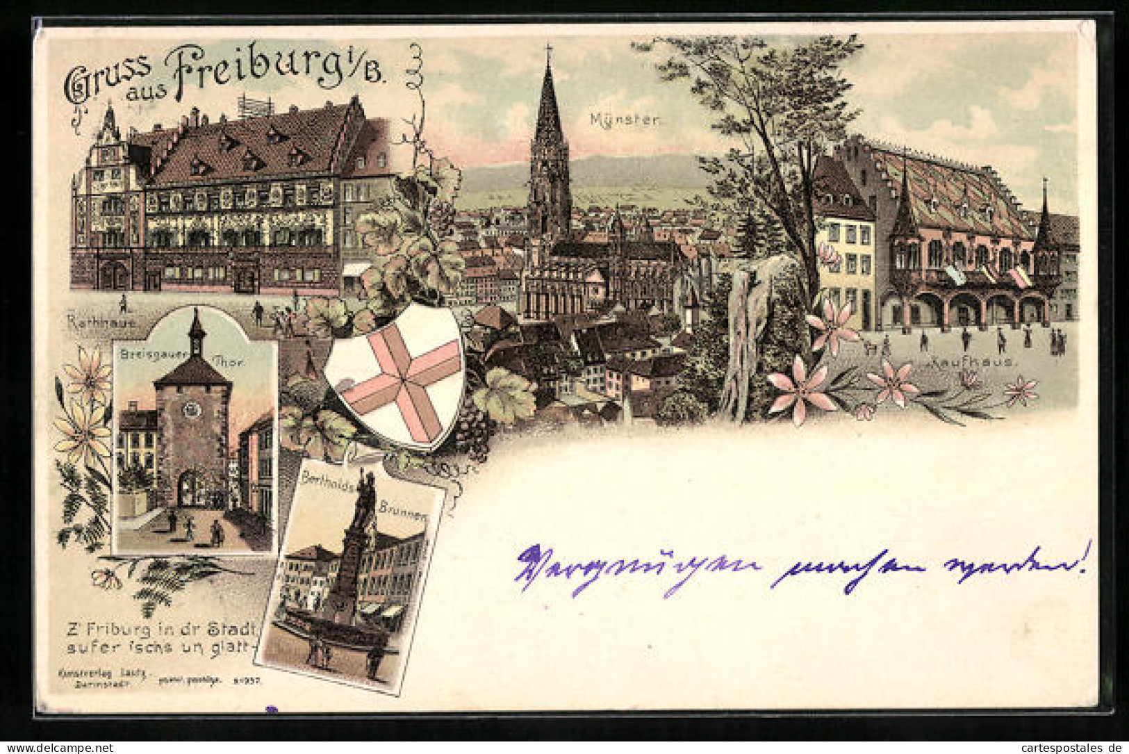 Lithographie Freiburg I. B., Rathaus, Münster, Kaufhaus, Breisgauer Tor, Wappen  - Freiburg I. Br.