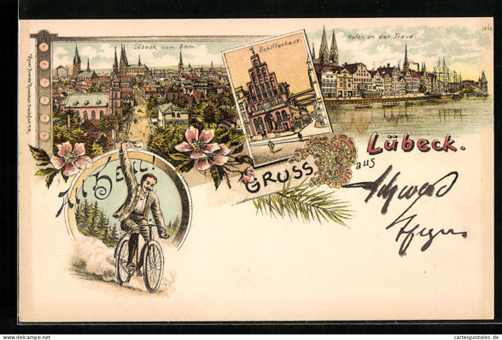 Lithographie Lübeck, Totalansicht Vom Dom, Hafen An Der Trave, Schifferhaus  - Luebeck