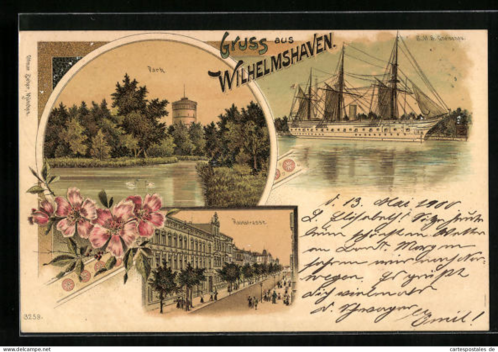 Lithographie Wilhelmshaven, S. M. S. Gneisenau, Park, Roonstrasse  - Wilhelmshaven