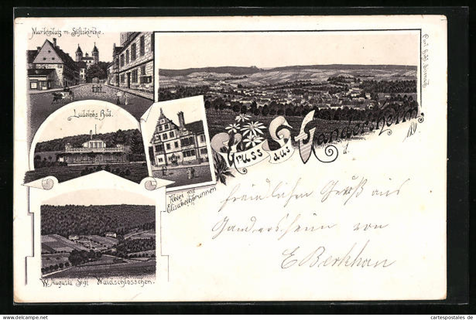 Lithographie Gandersheim, Ludolphs Bad, Abtei Mit Elisabethbrunnen, Marktplatz Mit Stiftskirche  - Bad Gandersheim