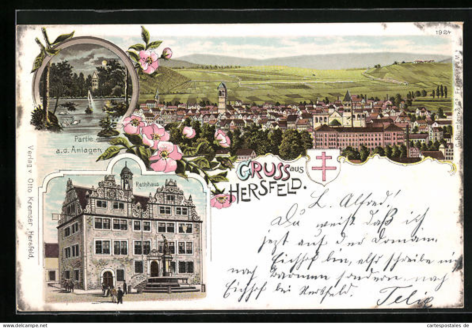 Lithographie Hersfeld, Rathaus, Partie A. D. Anlagen, Panorama  - Bad Hersfeld