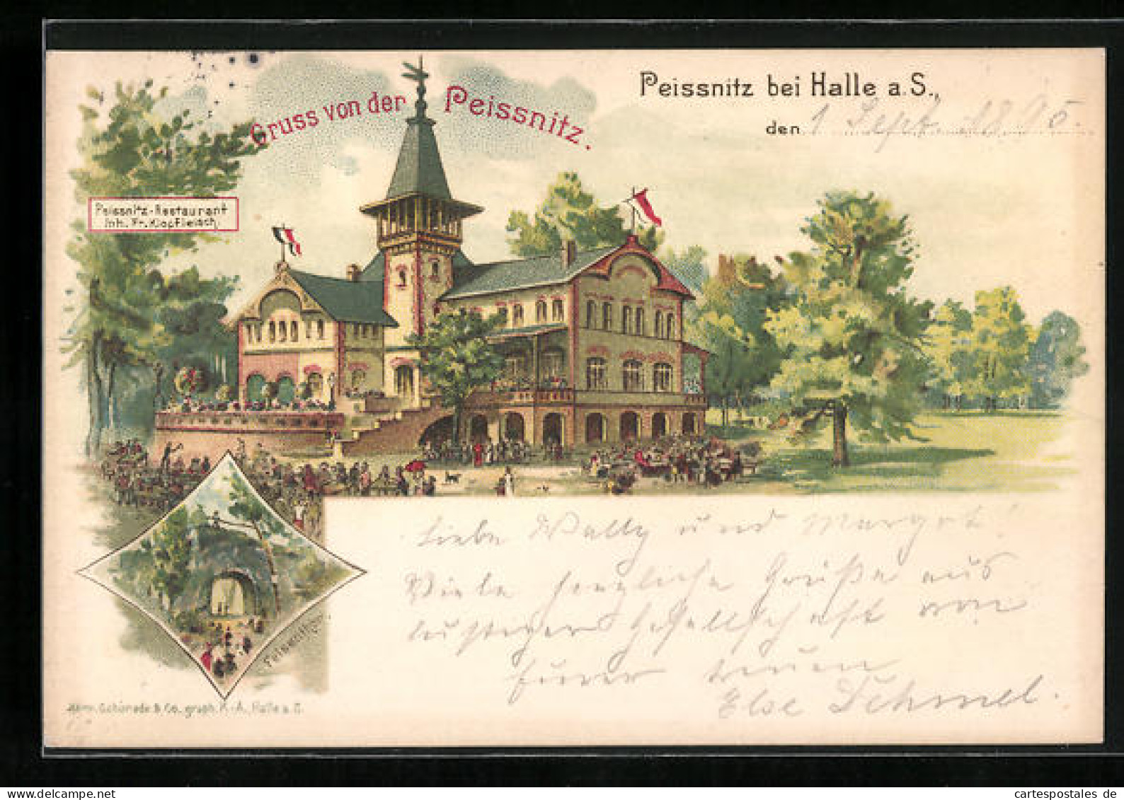 Vorläufer-Lithographie Halle A. S., 1895, Gasthof Peisnitz-Restaurant, Felsenthor  - Sonstige & Ohne Zuordnung