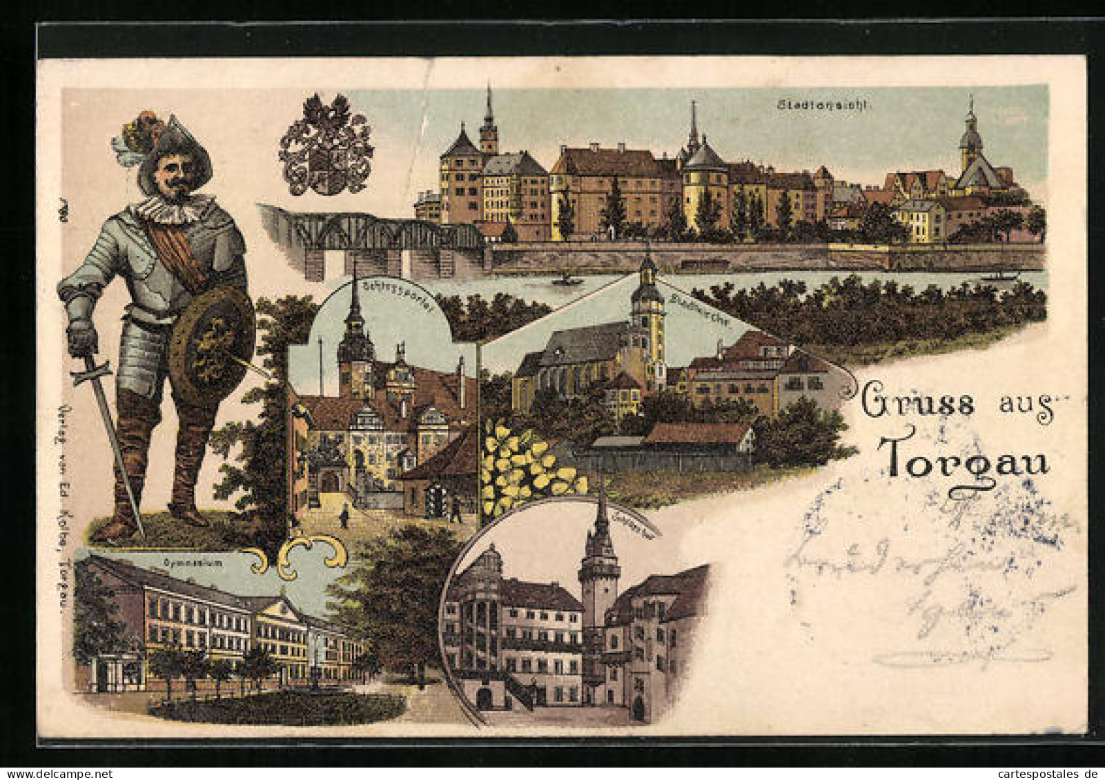 Lithographie Torgau, Schloss, Gymnasium, Stadtkirche, Stadtansicht  - Torgau