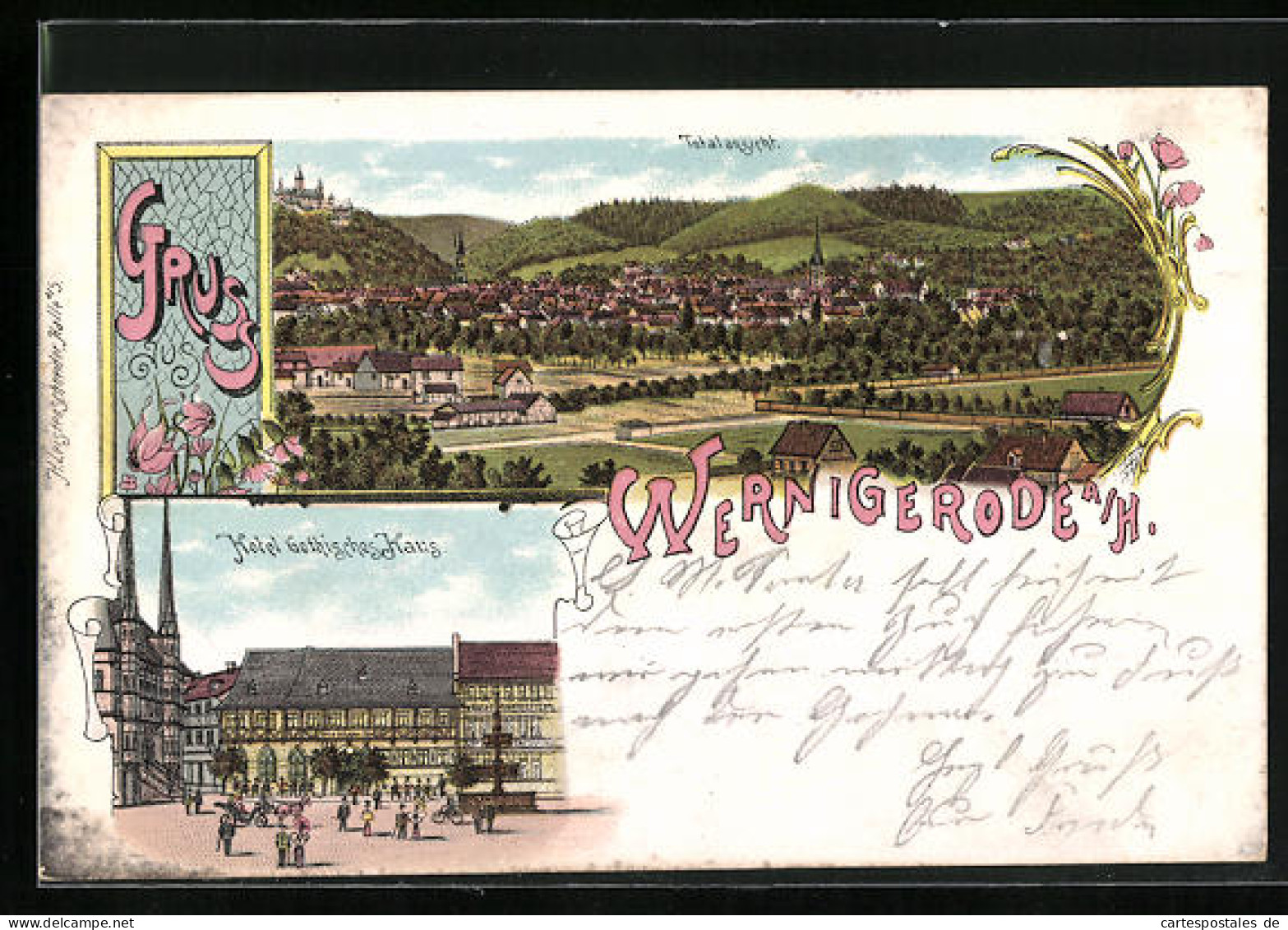 Lithographie Wernigerode A. H., Hotel Gothisches Haus, Ortsansicht  - Wernigerode