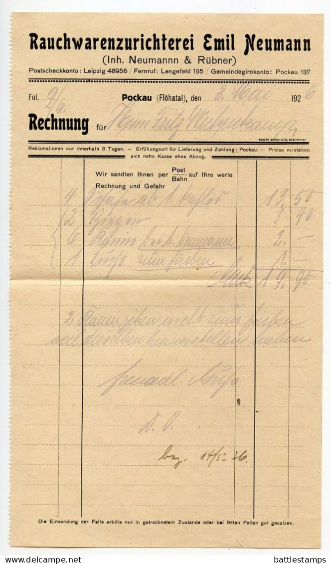 Germany 1926 Cover W/ Invoice & Zahlkarte; Pockau (Flöhatal), Emil Neumann, Rauchwarenzurichterei; 10pf. German Eagle - Briefe U. Dokumente