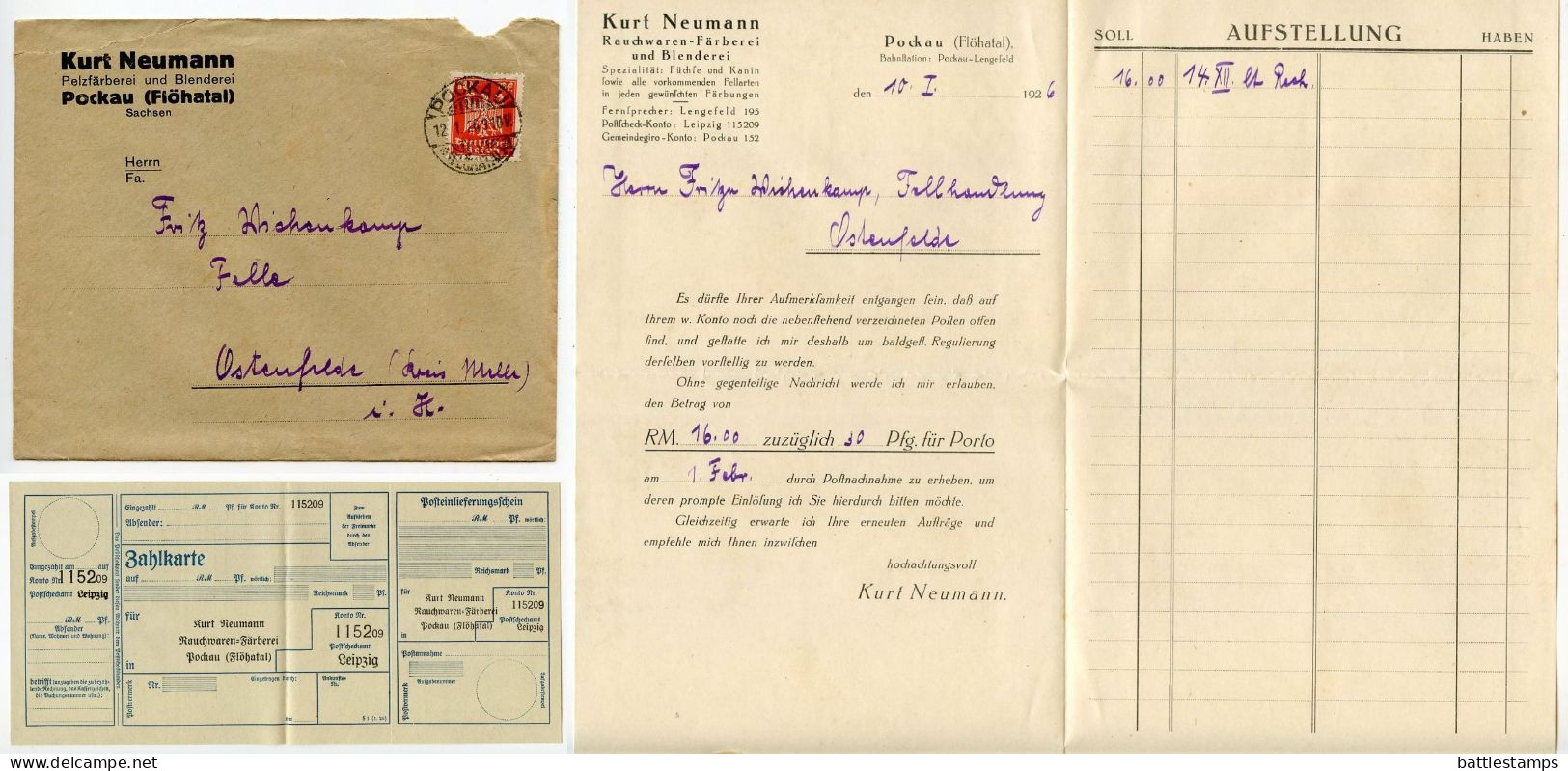 Germany 1926 Cover W/ Letter & Zahlkarte; Pockau (Flöhatal), Kurt Neumann, Pelzfäberei Und Blenderei; 10pf. German Eagle - Covers & Documents