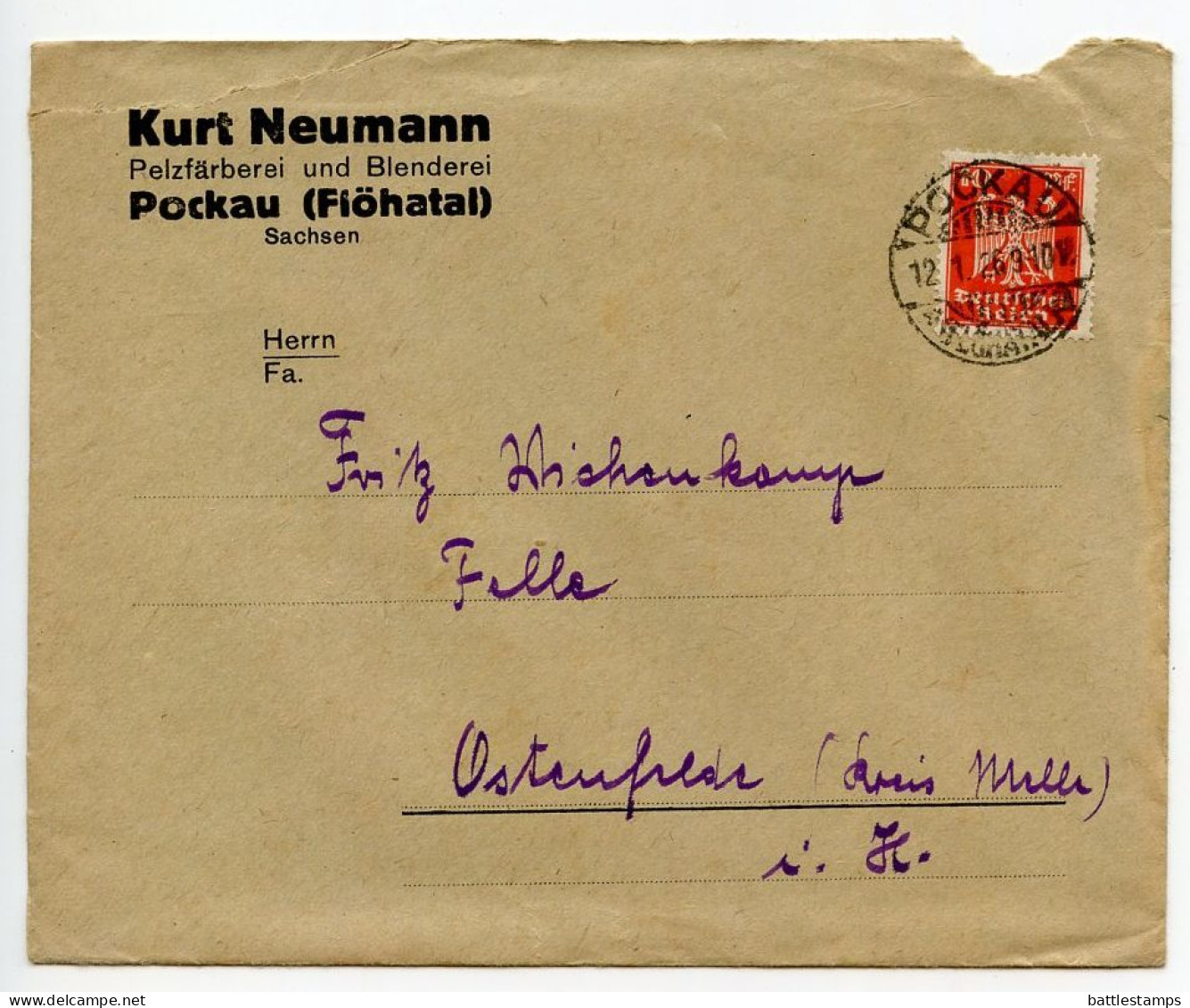 Germany 1926 Cover W/ Letter & Zahlkarte; Pockau (Flöhatal), Kurt Neumann, Pelzfäberei Und Blenderei; 10pf. German Eagle - Covers & Documents