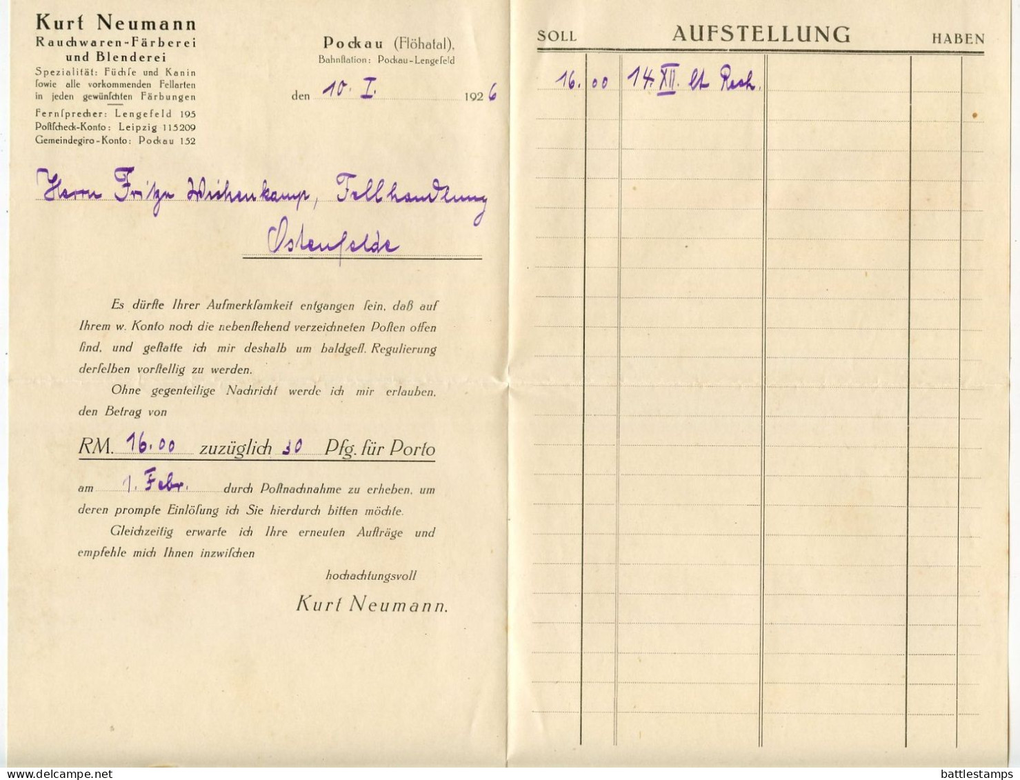Germany 1926 Cover W/ Letter & Zahlkarte; Pockau (Flöhatal), Kurt Neumann, Pelzfäberei Und Blenderei; 10pf. German Eagle - Covers & Documents
