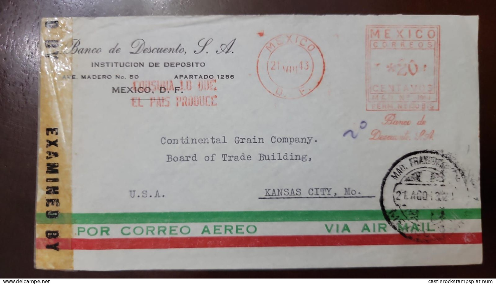 O) 1943 MEXICO,  METER STAMP,  CENSORSHIP,  BANCO DE DESCUENTO  SA  MEXICO D.F. CIRCULATED TO KANSAS CITY - Messico