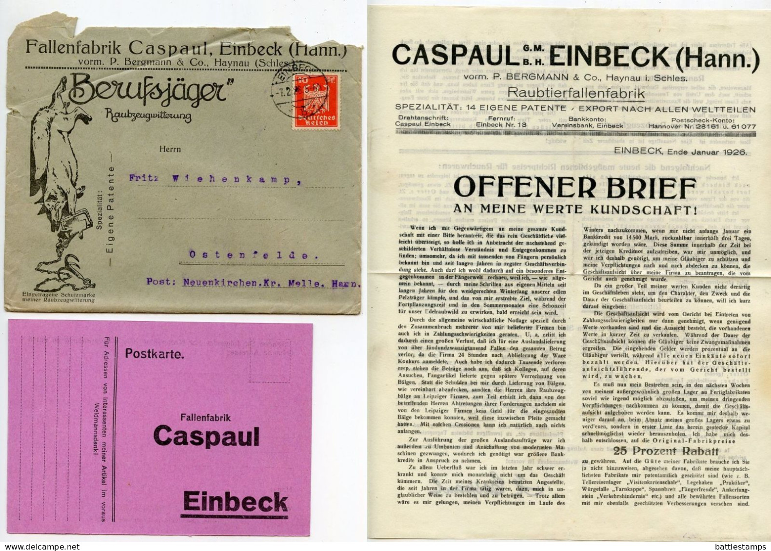 Germany 1926 Cover W/ Letter, Advert., Invoices, Etc.; Einbeck - Fallenfabrik Caspaul (Trap Factory); 10pf. German Eagle - Covers & Documents