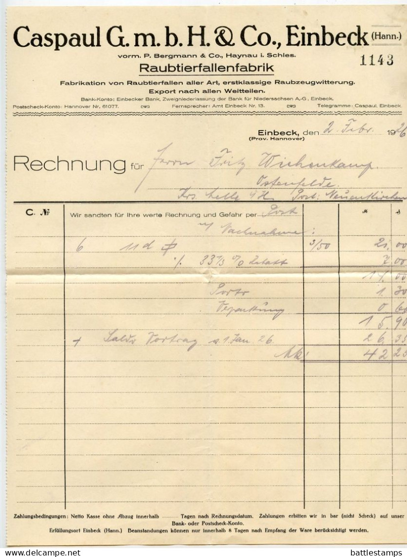 Germany 1926 Cover w/ Letter, Advert., Invoices, Etc.; Einbeck - Fallenfabrik Caspaul (Trap Factory); 10pf. German Eagle