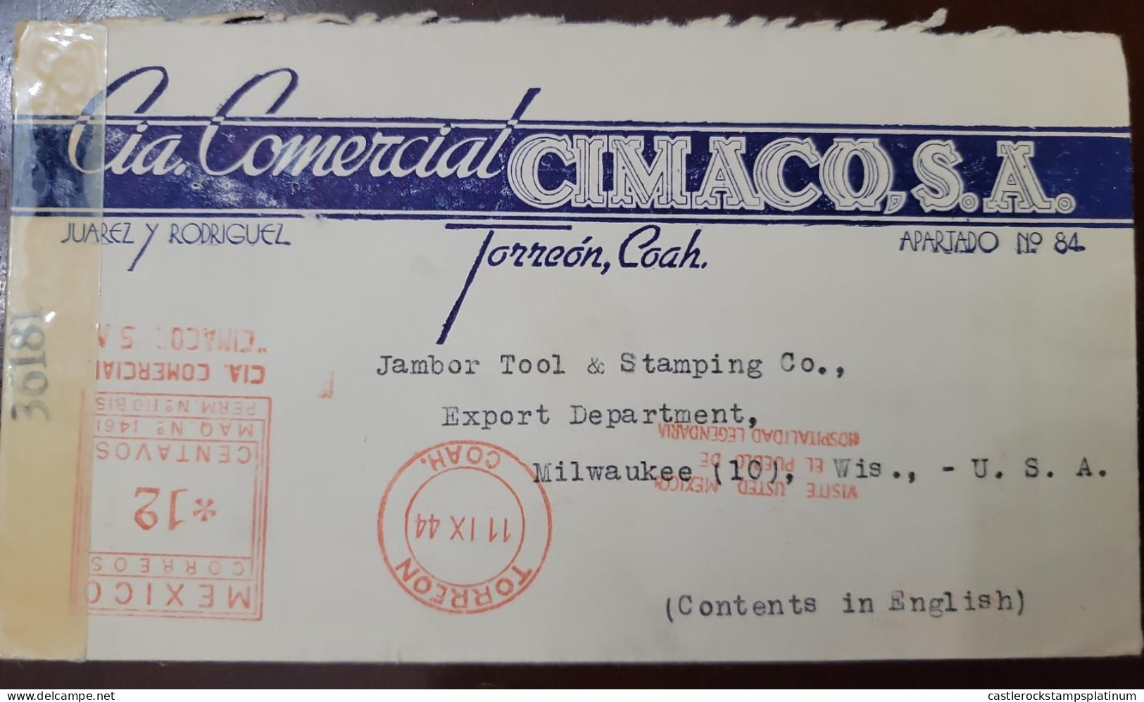 O) 1944 MEXICO, CENSORSHIP, METERSTAMP,  CIA COMERCIAL  CIMACO S.A. TORREON,  CIRCULATED COVER TO  MILWAUKEE - USA - Mexico