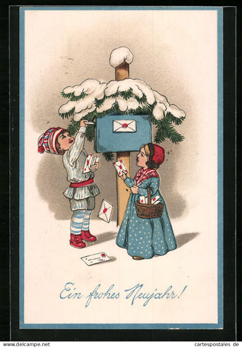 Präge-AK Kinderpaar Mit Briefen Am Postkasten Im Winter, Neujahrsgruss  - Postal Services
