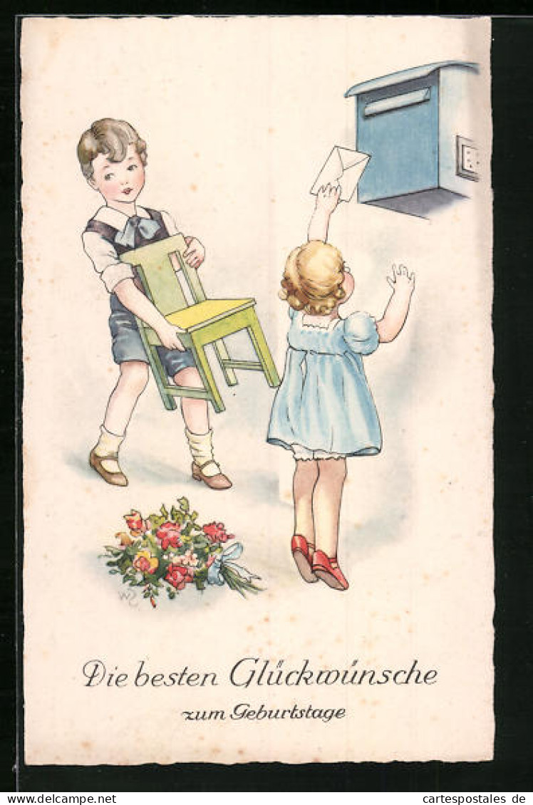 AK Kinderpaar Mit Brief Und Stuhl Am Postkasten, Geburtstagsgruss  - Postal Services