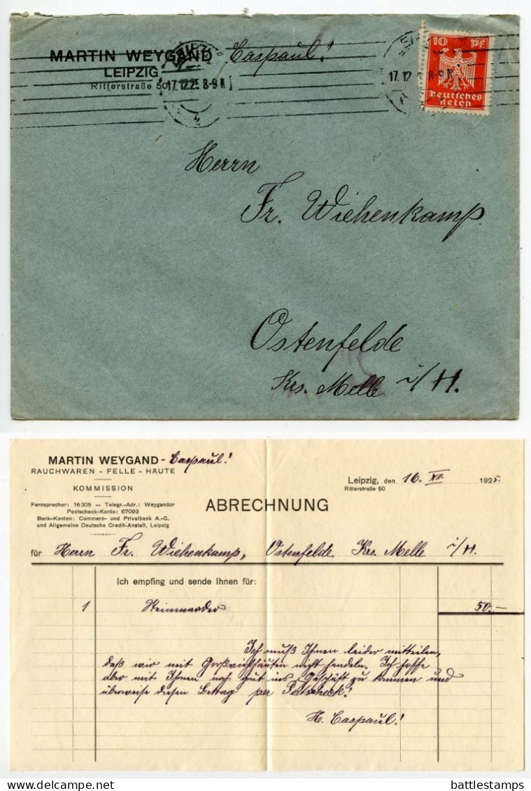 Germany 1925 Cover & Invoice; Leipzig - Martin Weygand, Rauchwaren Felle Haute; 10pf. German Eagle - Covers & Documents