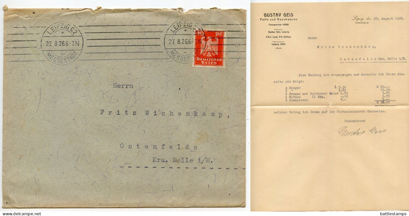 Germany 1926 Cover & Invoice; Leipzig (Messestadt) - Gustav Geis, Felle Und Rauchwaren; 10pf. German Eagle - Covers & Documents