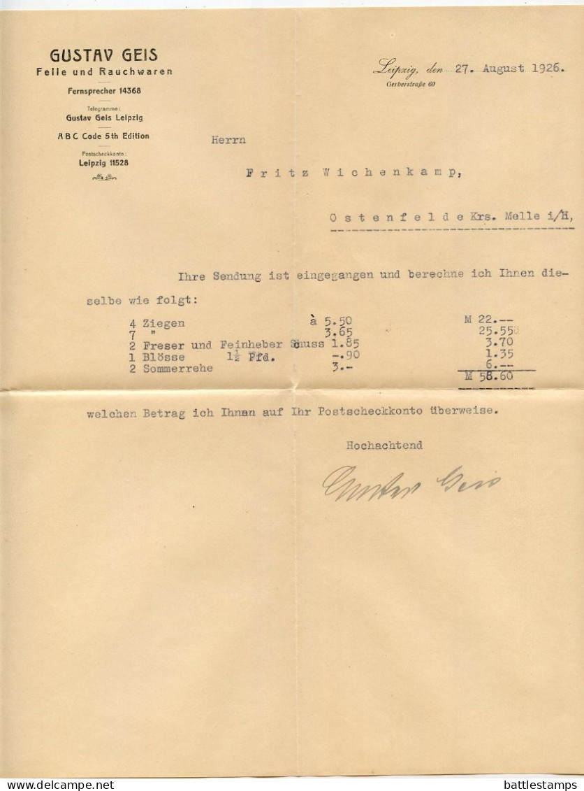 Germany 1926 Cover & Invoice; Leipzig (Messestadt) - Gustav Geis, Felle Und Rauchwaren; 10pf. German Eagle - Covers & Documents