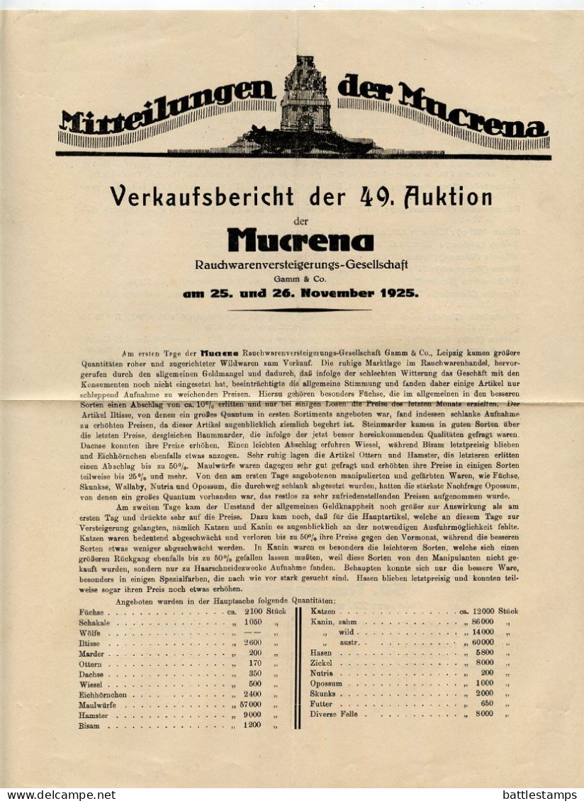 Germany 1925 Cover & Auction Report; Leipzig - Mucrena Rauchwarenversteigerungs; 3pf. German Eagle; Slogan Cancel - Covers & Documents