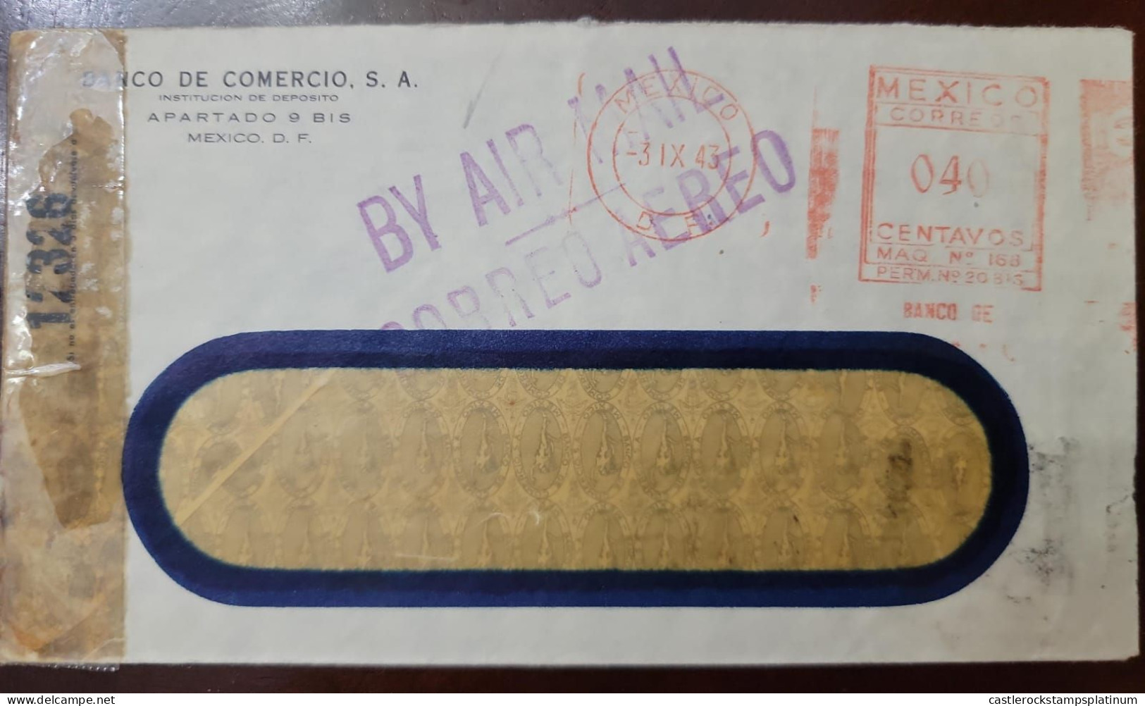 O) 1943 MEXICO,  BANCO DE COMERCIO, D.F, METERSTAMP, CENSORSHIP, XF - Messico