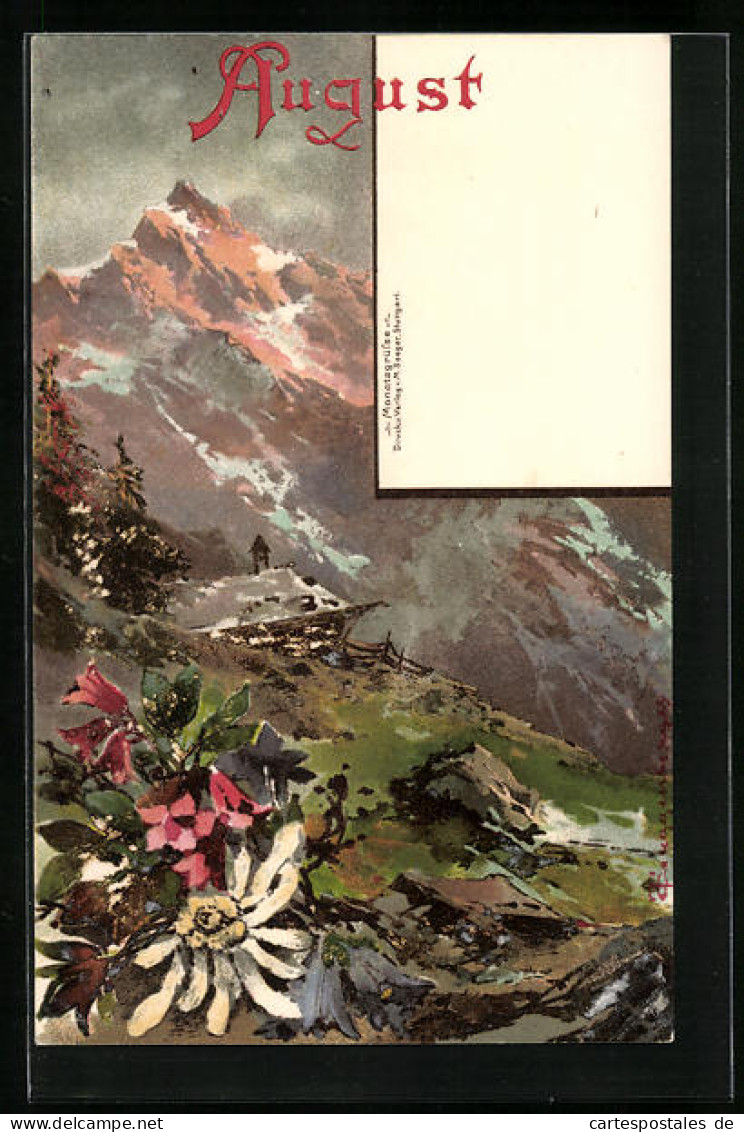 Künstler-AK Theodor Guggenberger: August, Berglandschaft Mit Alpenblumen  - Guggenberger, T.