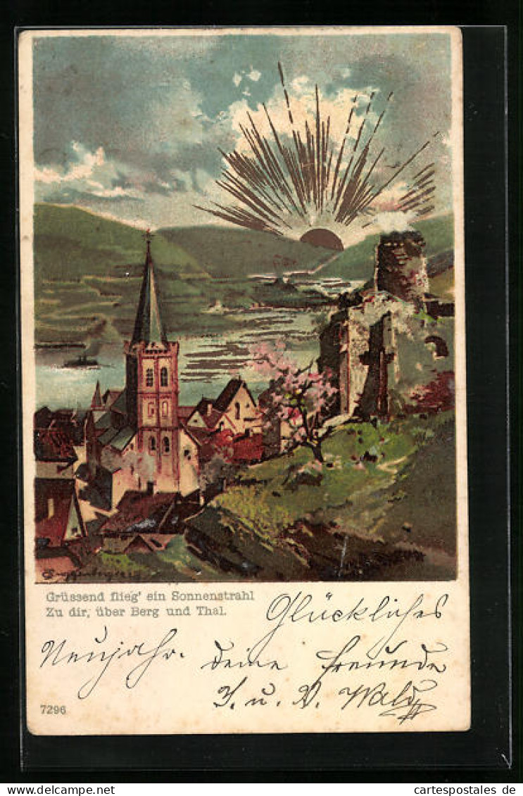 Künstler-AK Theodor Guggenberger: Uferpartie Mit Kirche Und Sonne  - Guggenberger, T.