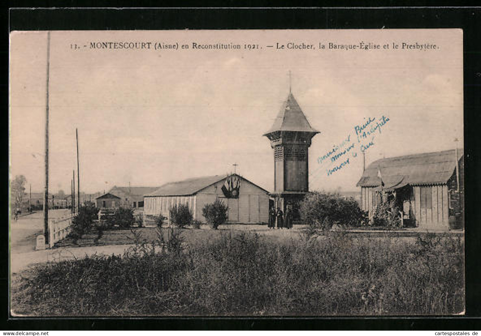 CPA Montescourt, Le Clocher, La Baraque-Église Et Le Presbytère, En Reconstitution 1921  - Sonstige & Ohne Zuordnung
