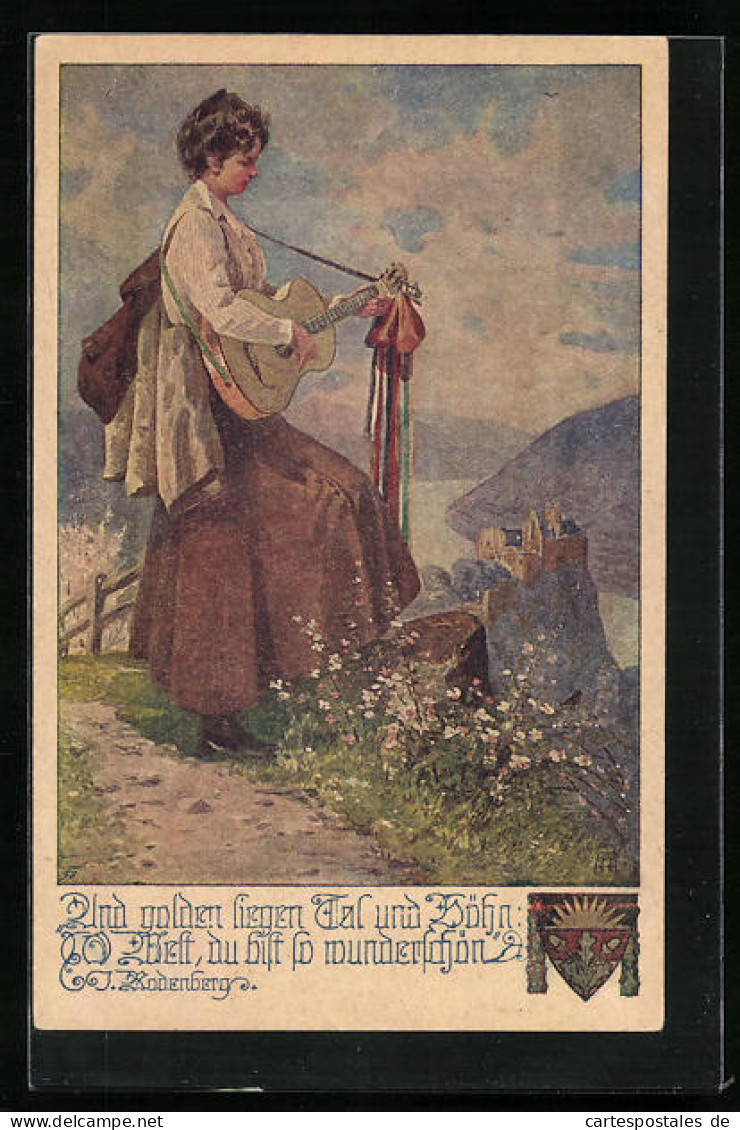 AK Deutscher Schulverein Nr. 1071: Und Golden Liegen Tal Und Höhn..., Frau Mit Gitarre  - Weltkrieg 1914-18