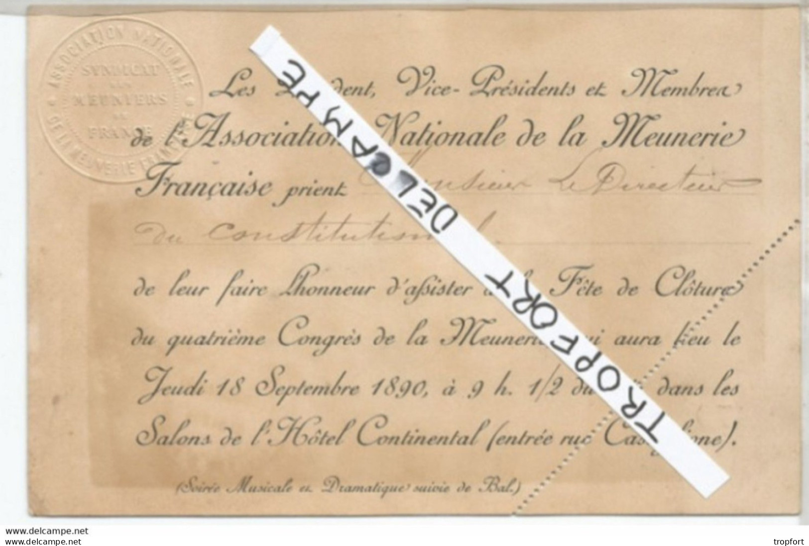 PK / CARTE ASSOCIATION NATIONALE DE LA MEUNERIE  INVITATION 1890  HOTEL CONTINENTAL // BAL CONGRES MEUNERIE - Membership Cards