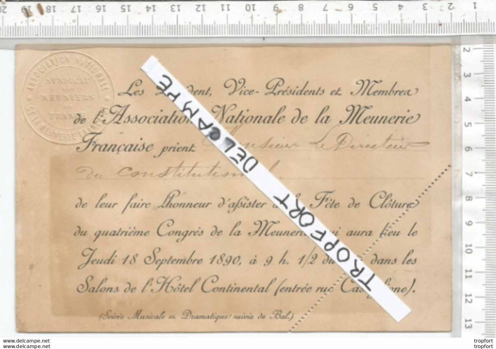 PK / CARTE ASSOCIATION NATIONALE DE LA MEUNERIE  INVITATION 1890  HOTEL CONTINENTAL // BAL CONGRES MEUNERIE - Lidmaatschapskaarten