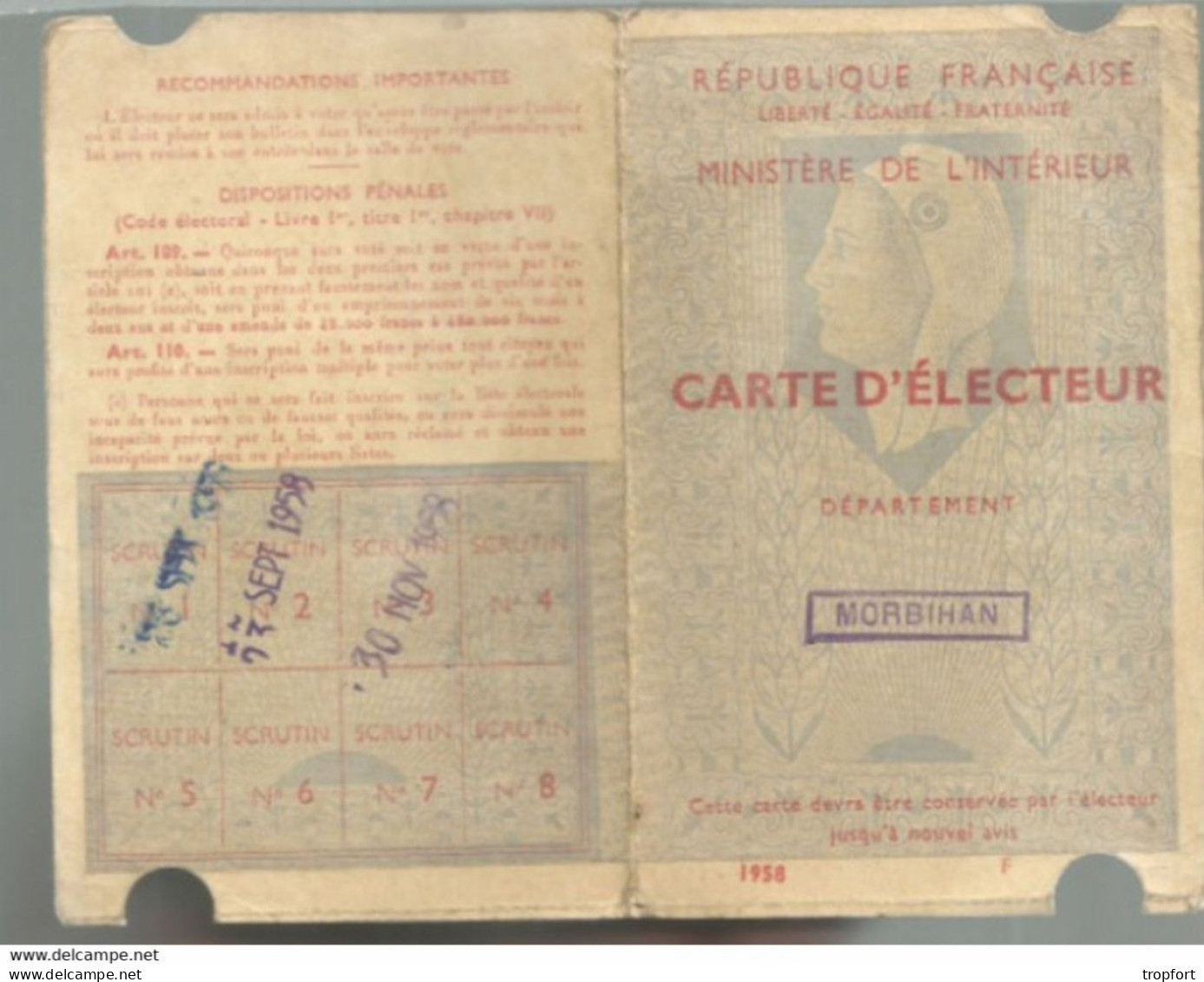 PK / CARTE Ancienne CARTE NATIONALE D'ELECTEUR 1958  LORIENT MERVILLE  PK /  CARTE Ancienne CARTE NATIONALE D'ELECTEUR - Tarjetas De Membresía