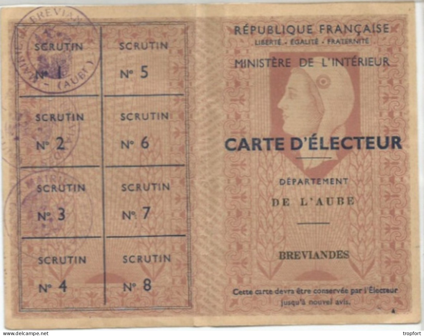 PK / CARTE Ancienne CARTE ELECTEUR  BREVIANDES  DEPARTEMENT DE L 'AUBE PK /  CARTE Ancienne CARTE ELECTEUR - Lidmaatschapskaarten