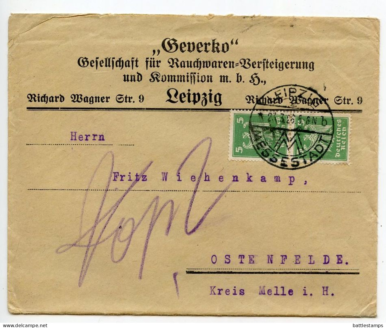 Germany 1926 Cover W/ Letter & Invoice; Leipzig - Geverko To Ostenfelde; 5pf. German Eagle, Pair - Covers & Documents