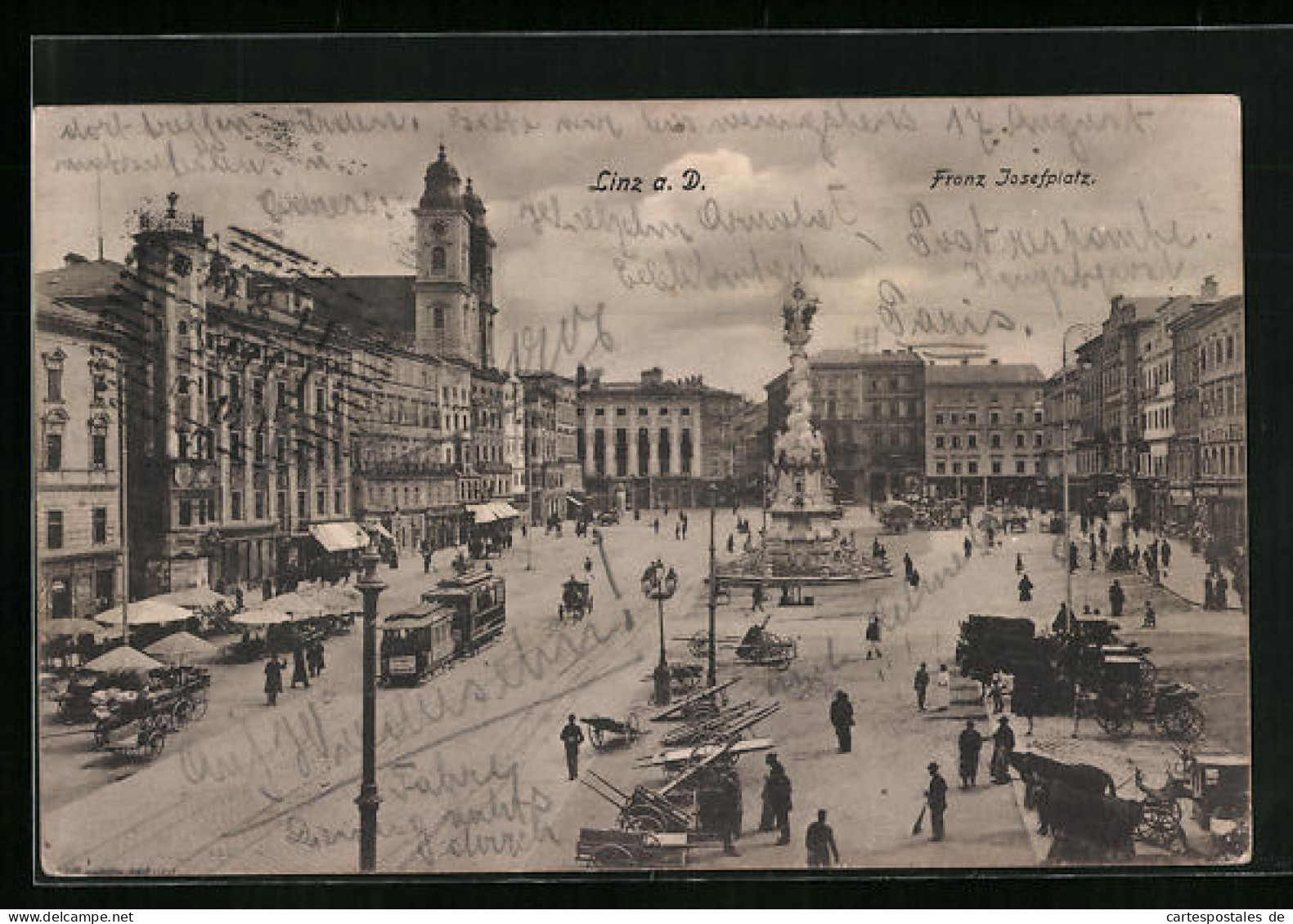 AK Linz A. D., Franz Josef-Platz Mit Kirche Und Denkmal, Strassenbahn  - Tramways