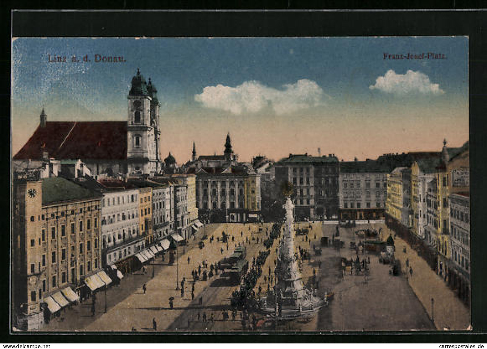 AK Linz A. D., Franz Josef-Platz Mit Geschäften Und Denkmal, Strassenbahn  - Tram