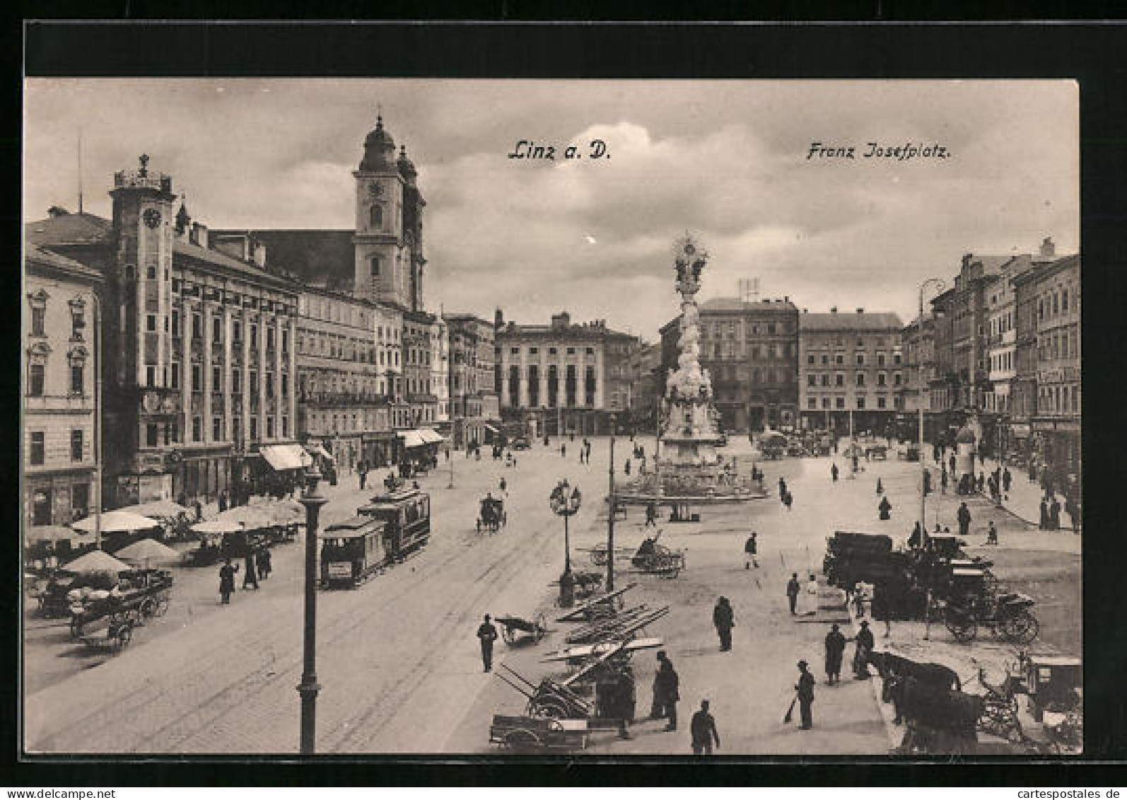 AK Linz A. D., Franz Josef-Platz Mit Geschäften Und Denkmal, Strassenbahn  - Tramways