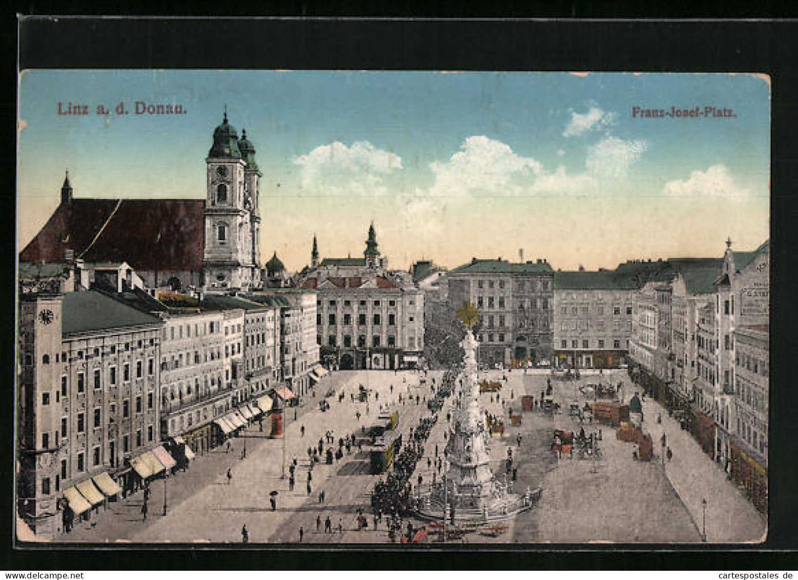 AK Linz A. D. D., Franz Josef-Platz Mit Kirche Und Denkmal, Strassenbahn  - Tramways