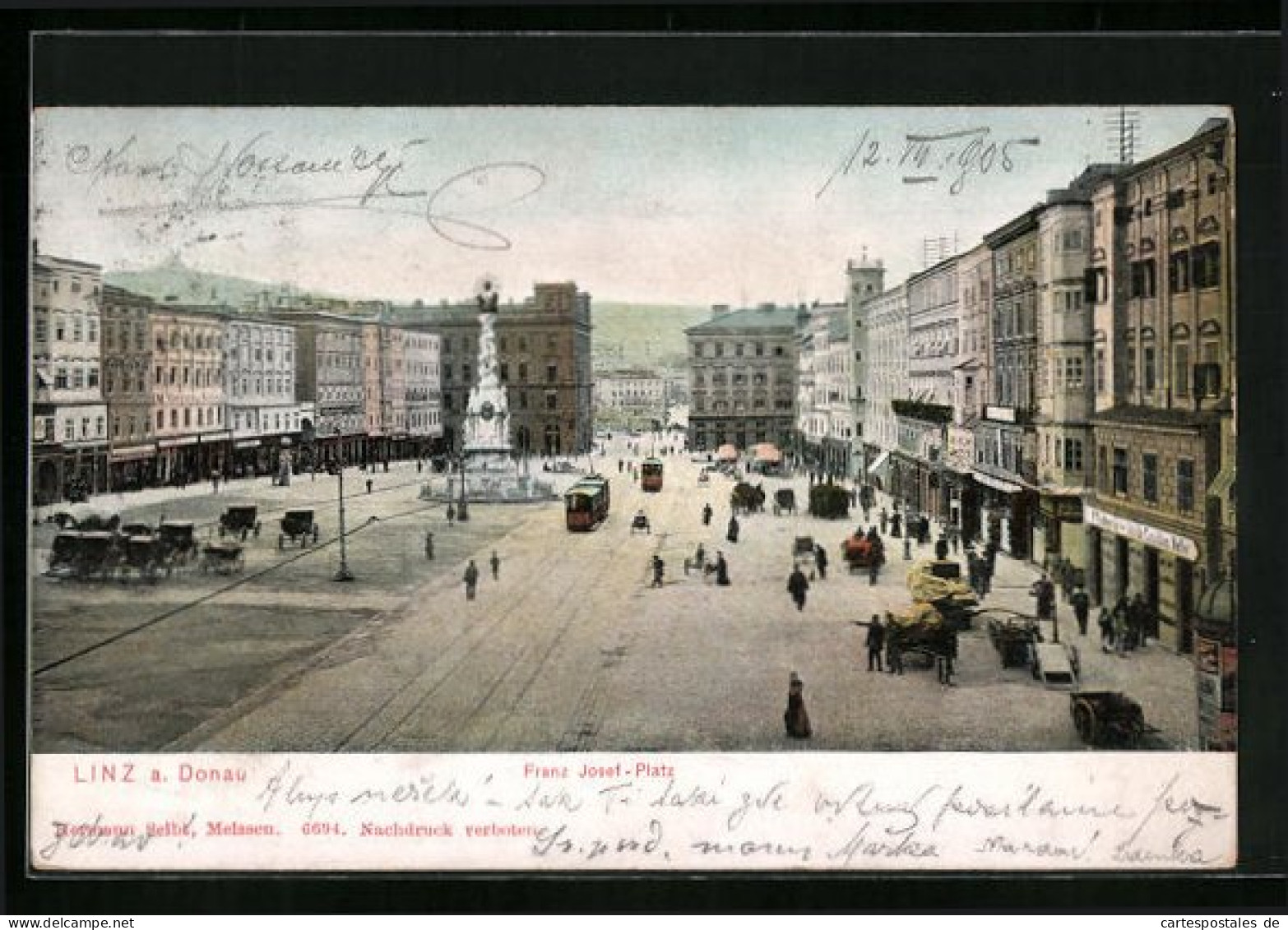 AK Linz A. Donau, Franz Josef-Platz Mit Geschäften Und Denkmal, Strassenbahn  - Tram